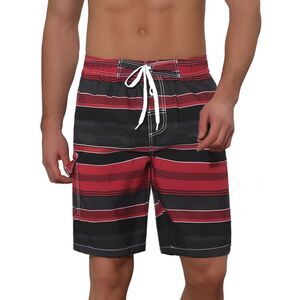 Men's Drawstring Stripes Printed Color Block Beach Pool Board Shorts Red